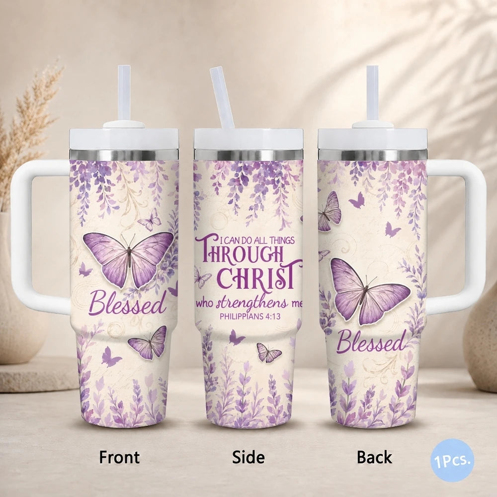 Purple Butterfly Floral Print Vacuum Flasks 40oz Stainless Steel Insulated Tumbler with Handle Straw Lid Leakproof Travel Mug