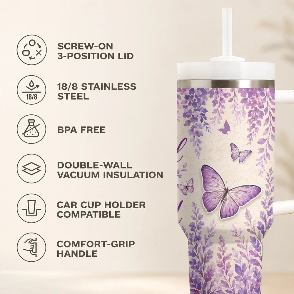 Purple Butterfly Floral Print Vacuum Flasks 40oz Stainless Steel Insulated Tumbler with Handle Straw Lid Leakproof Travel Mug