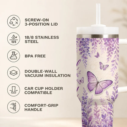 Purple Butterfly Floral Print Vacuum Flasks 40oz Stainless Steel Insulated Tumbler with Handle Straw Lid Leakproof Travel Mug