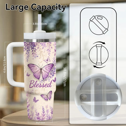 Purple Butterfly Floral Print Vacuum Flasks 40oz Stainless Steel Insulated Tumbler with Handle Straw Lid Leakproof Travel Mug