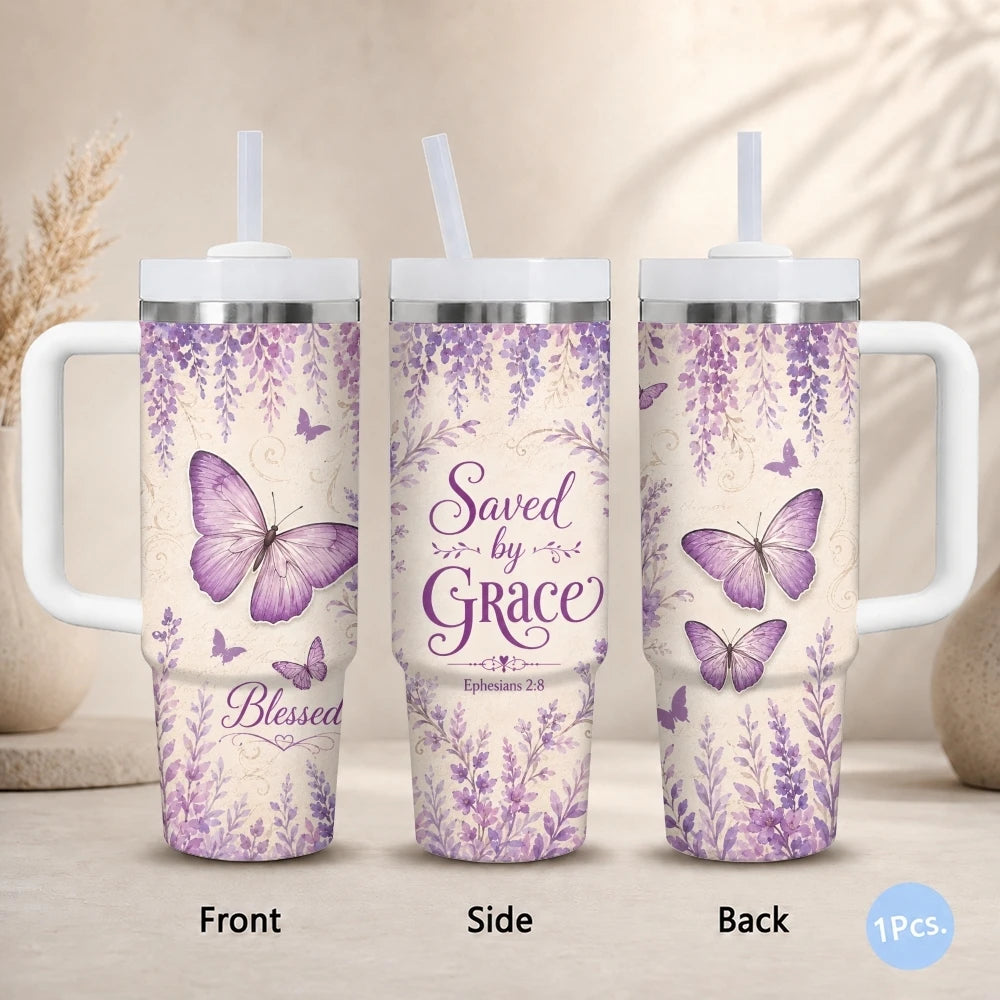 Purple Butterfly Floral Print Vacuum Flasks 40oz Stainless Steel Insulated Tumbler with Handle Straw Lid Leakproof Travel Mug