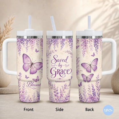 Purple Butterfly Floral Print Vacuum Flasks 40oz Stainless Steel Insulated Tumbler with Handle Straw Lid Leakproof Travel Mug