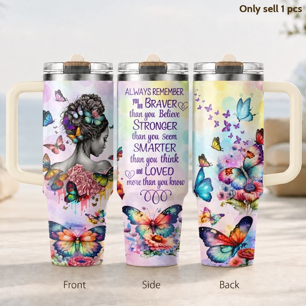 Butterfly Flower Design Vacuum Flasks 40oz 3rd Gen Vacuum Insulated Stainless Steel Car Tumbler Cup with Handle Straw Lid