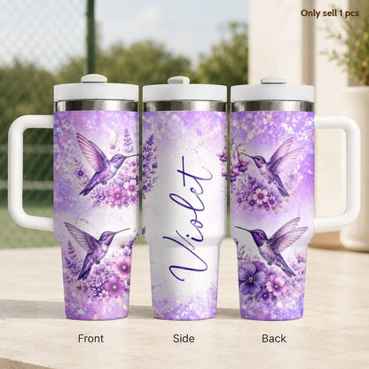 Purple Floral Vacuum Flasks 40oz Stainless Steel Insulated Tumbler With Handle & Straw Leakproof Travel Mug