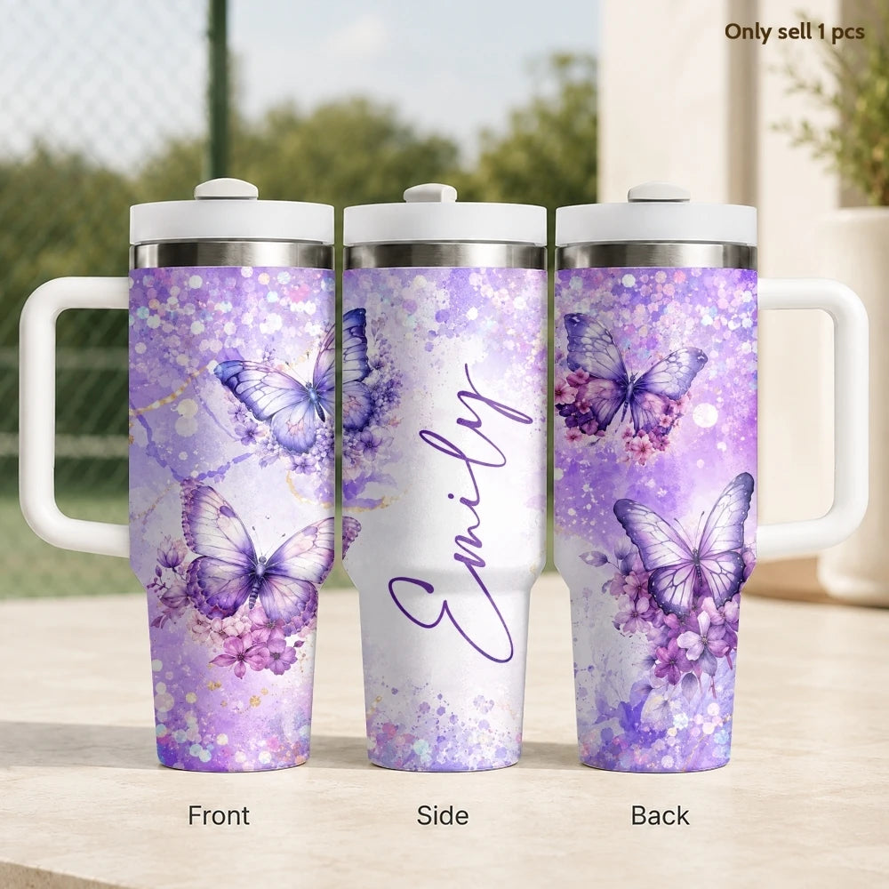 Purple Floral Vacuum Flasks 40oz Stainless Steel Insulated Tumbler With Handle & Straw Leakproof Travel Mug