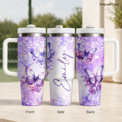 Purple Floral Vacuum Flasks 40oz Stainless Steel Insulated Tumbler With Handle & Straw Leakproof Travel Mug