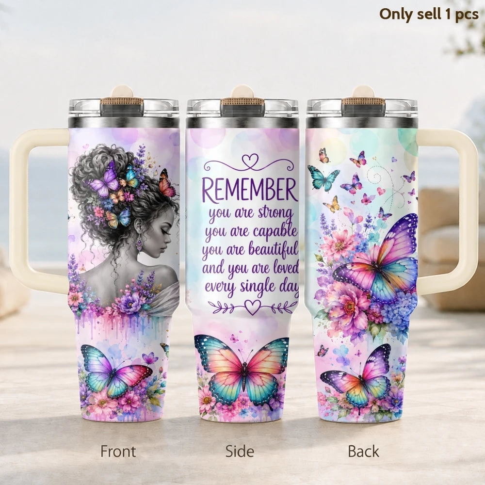 Butterfly Flower Design Vacuum Flasks 40oz 3rd Gen Vacuum Insulated Stainless Steel Car Tumbler Cup with Handle Straw Lid