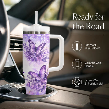 Purple Floral Vacuum Flasks 40oz Stainless Steel Insulated Tumbler With Handle & Straw Leakproof Travel Mug