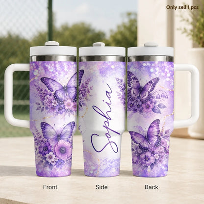 Purple Floral Vacuum Flasks 40oz Stainless Steel Insulated Tumbler With Handle & Straw Leakproof Travel Mug