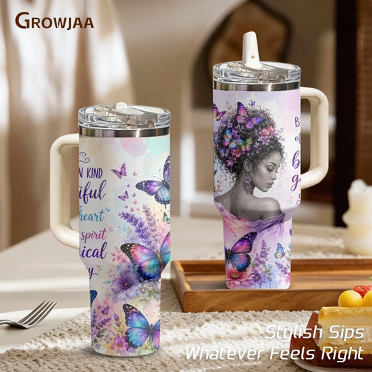 Butterfly Flower Design Vacuum Flasks 40oz 3rd Gen Vacuum Insulated Stainless Steel Car Tumbler Cup with Handle Straw Lid