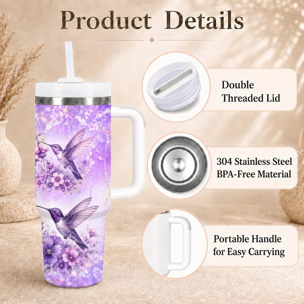 Purple Floral Vacuum Flasks 40oz Stainless Steel Insulated Tumbler With Handle & Straw Leakproof Travel Mug