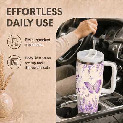 Purple Butterfly Floral Print Vacuum Flasks 40oz Stainless Steel Insulated Tumbler with Handle Straw Lid Leakproof Travel Mug