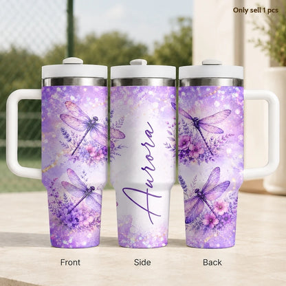 Purple Floral Vacuum Flasks 40oz Stainless Steel Insulated Tumbler With Handle & Straw Leakproof Travel Mug