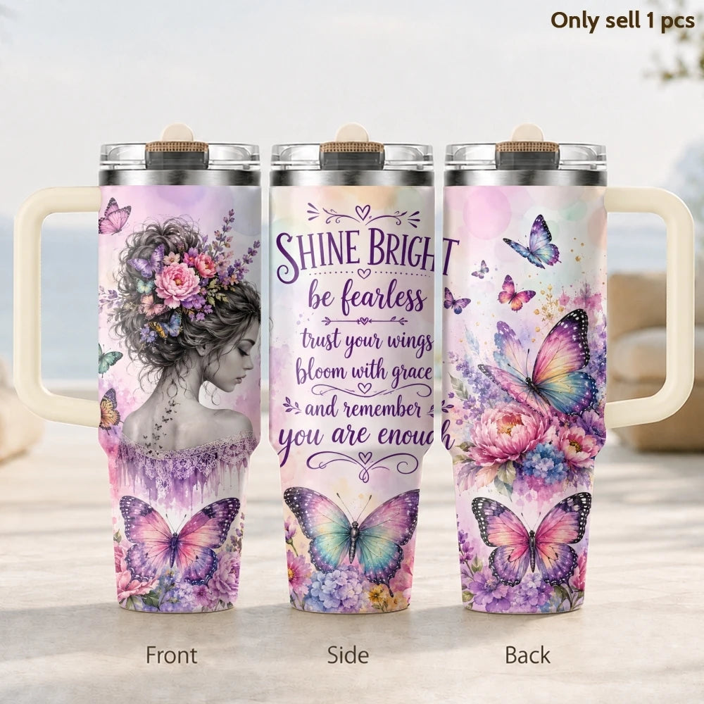 Butterfly Flower Design Vacuum Flasks 40oz 3rd Gen Vacuum Insulated Stainless Steel Car Tumbler Cup with Handle Straw Lid