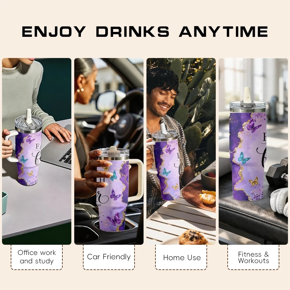 Purple & Golden Glitter Design Vacuum Flasks 40oz 3rd Gen Vacuum Insulated Stainless Steel Car Tumbler Cup with Handle Straw Lid
