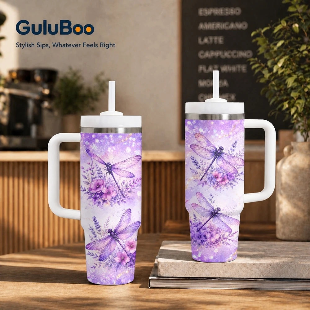 Purple Floral Vacuum Flasks 40oz Stainless Steel Insulated Tumbler With Handle & Straw Leakproof Travel Mug