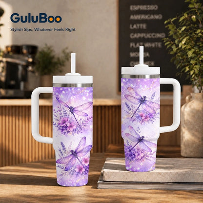 Purple Floral Vacuum Flasks 40oz Stainless Steel Insulated Tumbler With Handle & Straw Leakproof Travel Mug