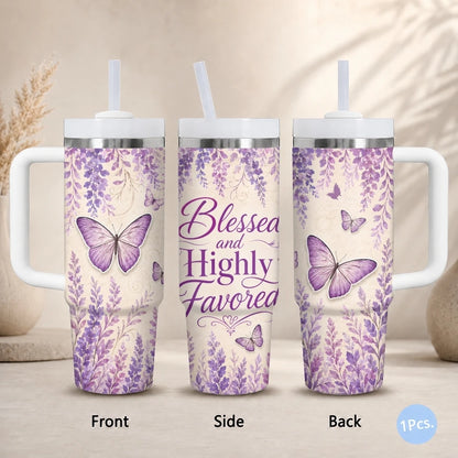 Purple Butterfly Floral Print Vacuum Flasks 40oz Stainless Steel Insulated Tumbler with Handle Straw Lid Leakproof Travel Mug