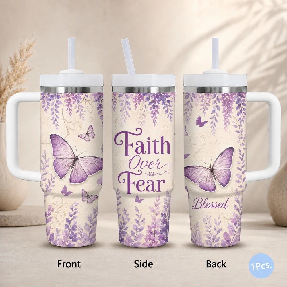 Purple Butterfly Floral Print Vacuum Flasks 40oz Stainless Steel Insulated Tumbler with Handle Straw Lid Leakproof Travel Mug