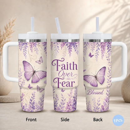 Purple Butterfly Floral Print Vacuum Flasks 40oz Stainless Steel Insulated Tumbler with Handle Straw Lid Leakproof Travel Mug