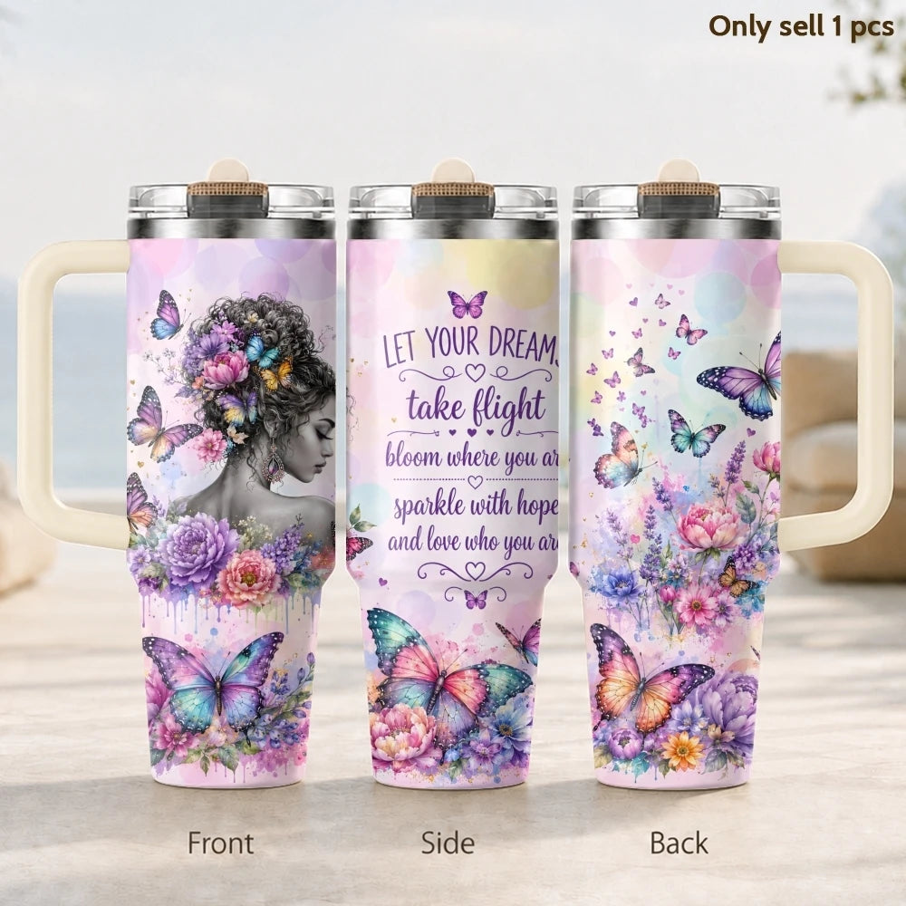 Butterfly Flower Design Vacuum Flasks 40oz 3rd Gen Vacuum Insulated Stainless Steel Car Tumbler Cup with Handle Straw Lid