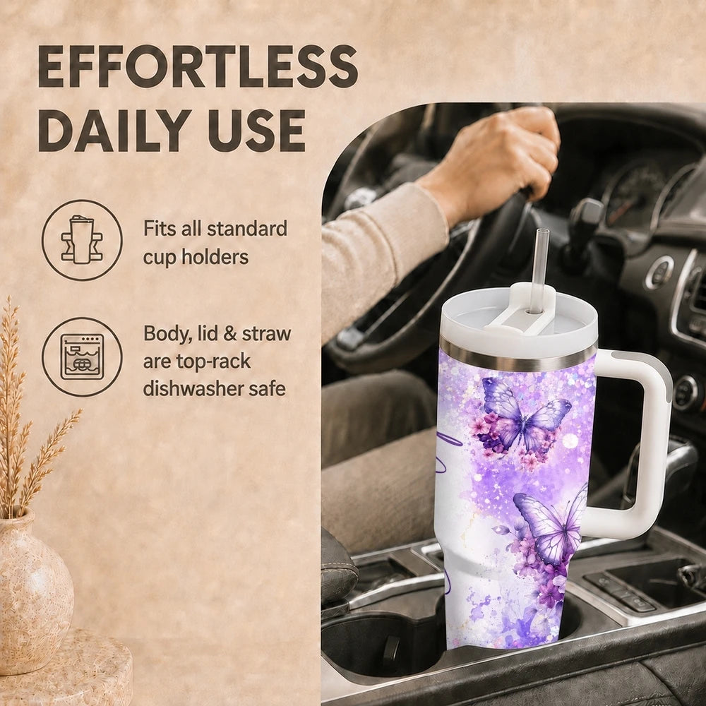 Purple Floral Vacuum Flasks 40oz Stainless Steel Insulated Tumbler With Handle & Straw Leakproof Travel Mug