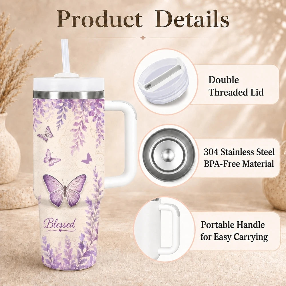 Purple Butterfly Floral Print Vacuum Flasks 40oz Stainless Steel Insulated Tumbler with Handle Straw Lid Leakproof Travel Mug