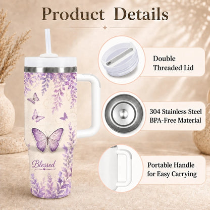 Purple Butterfly Floral Print Vacuum Flasks 40oz Stainless Steel Insulated Tumbler with Handle Straw Lid Leakproof Travel Mug