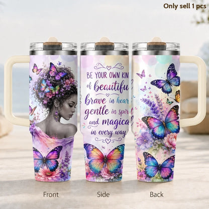 Butterfly Flower Design Vacuum Flasks 40oz 3rd Gen Vacuum Insulated Stainless Steel Car Tumbler Cup with Handle Straw Lid