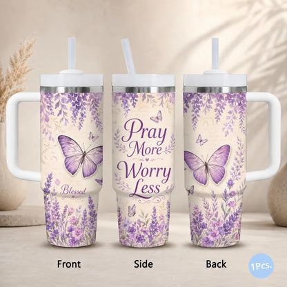 Purple Butterfly Floral Print Vacuum Flasks 40oz Stainless Steel Insulated Tumbler with Handle Straw Lid Leakproof Travel Mug