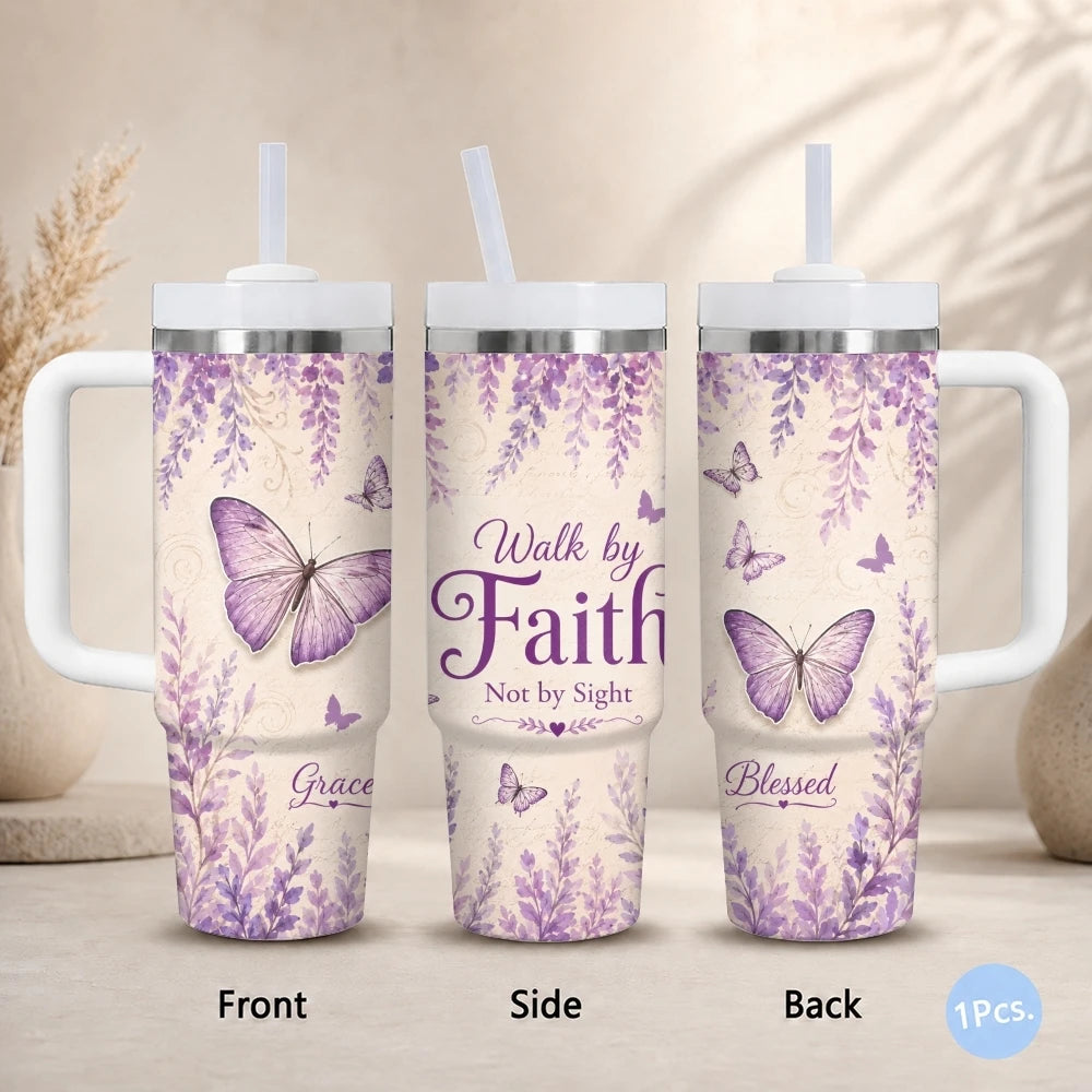 Purple Butterfly Floral Print Vacuum Flasks 40oz Stainless Steel Insulated Tumbler with Handle Straw Lid Leakproof Travel Mug