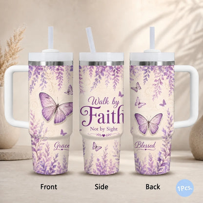 Purple Butterfly Floral Print Vacuum Flasks 40oz Stainless Steel Insulated Tumbler with Handle Straw Lid Leakproof Travel Mug