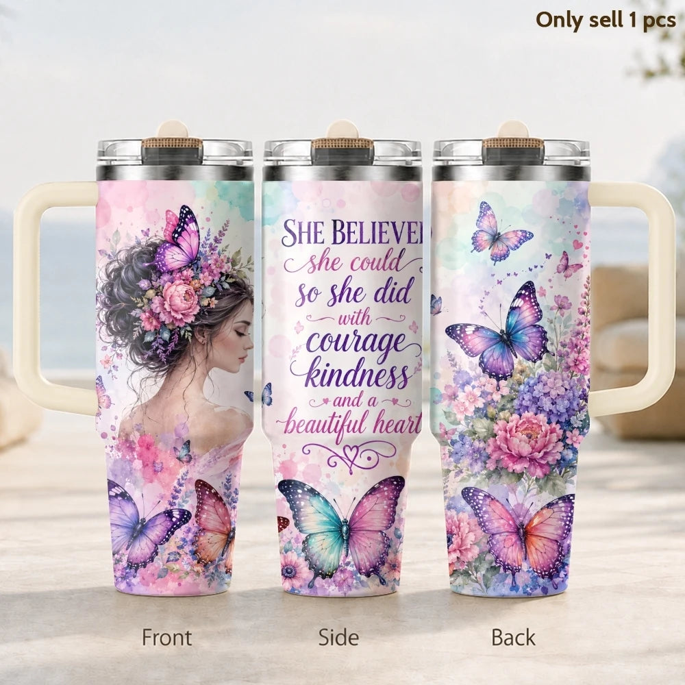 Butterfly Flower Design Vacuum Flasks 40oz 3rd Gen Vacuum Insulated Stainless Steel Car Tumbler Cup with Handle Straw Lid