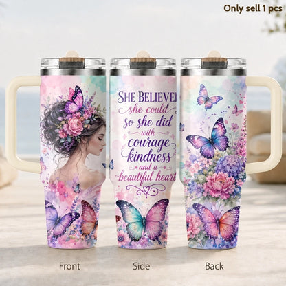 Butterfly Flower Design Vacuum Flasks 40oz 3rd Gen Vacuum Insulated Stainless Steel Car Tumbler Cup with Handle Straw Lid