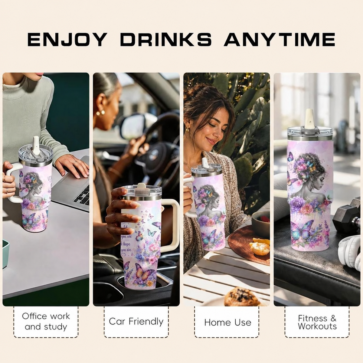 Butterfly flower 40oz tumbler for office, car, home and fitness